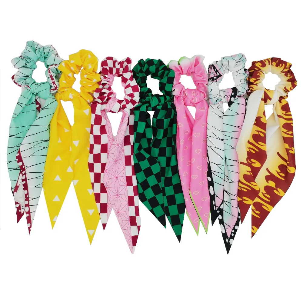 

New Pattern Print Plaid Fabric Large Intestine Scrunchies Ribbon Silk Scarf Headdress Anime Peripheral Hair Accessories