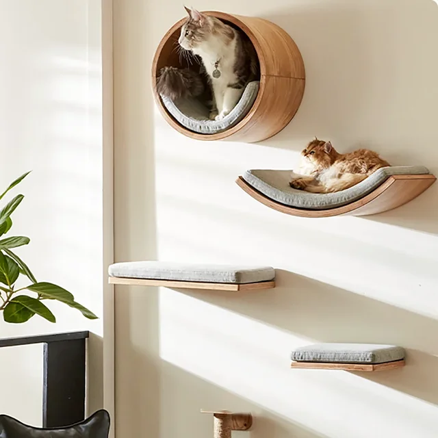 Wall Mounted Cat Tree Wooden Shelves Scratching Posts Climbing Cat tower Hammock With Solid Floating Perches Steps and Ladder 6