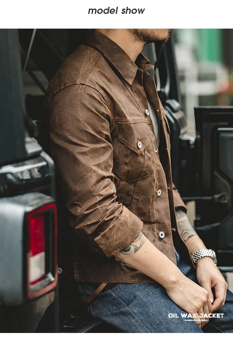 Retro Male Oil Waxed Jacket - Khaki Canvas Military Style Coat