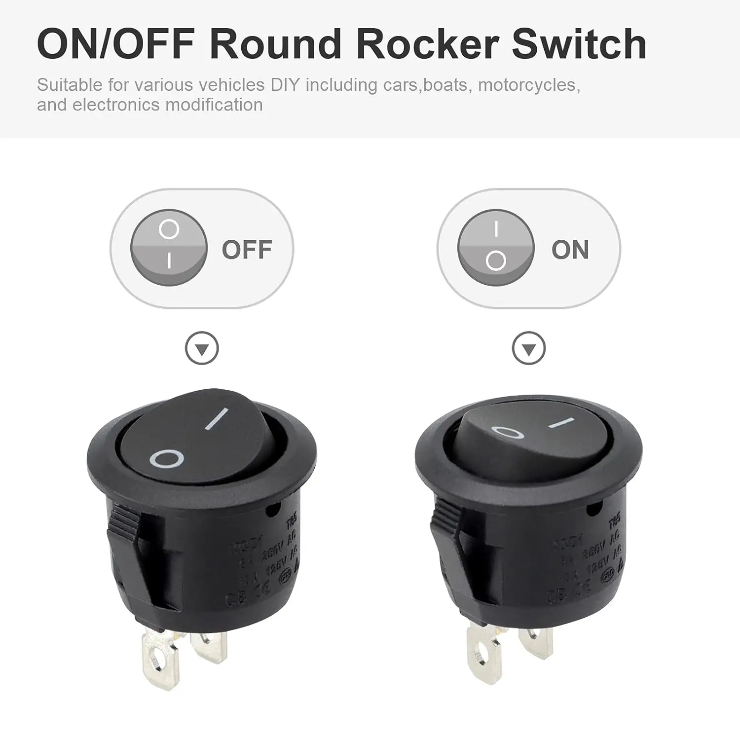Lot de cinq interrupteurs à bascule ronds noirs ON/OFF 2 broches pour RC voiture bateau, disposés en rangée.
