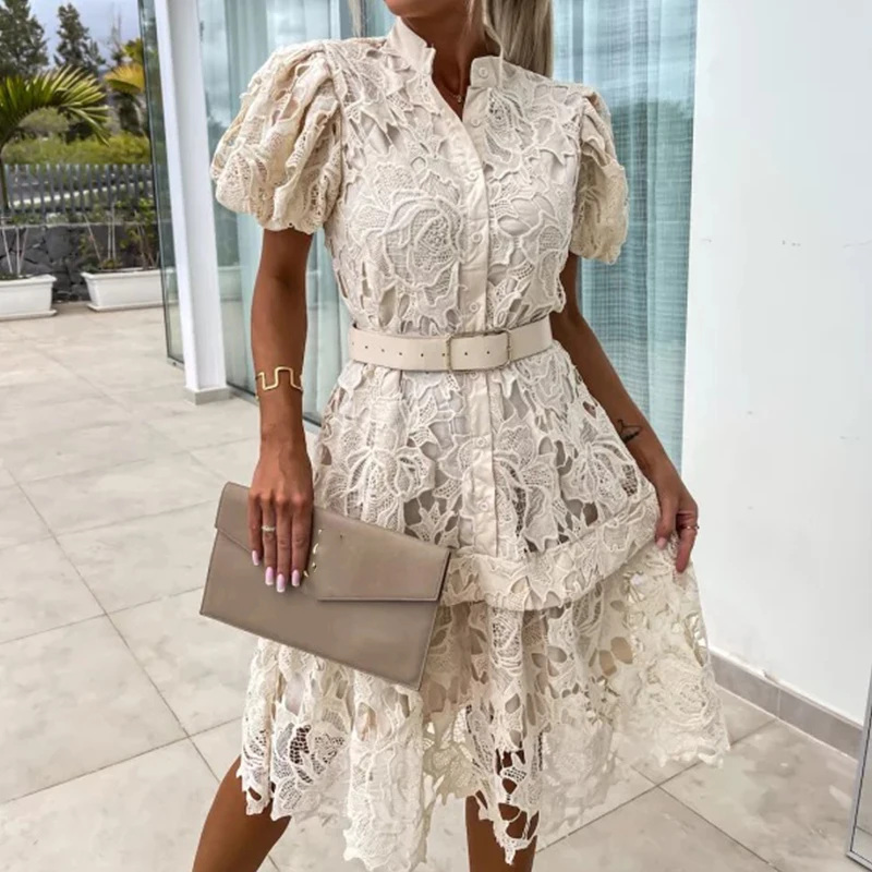 

Elegant Flower Lace Crochet Tie Midi Dress Women Casual Puff Short Sleeve Solid A-Line Dress Sexy Stand Neck Button Party Dress