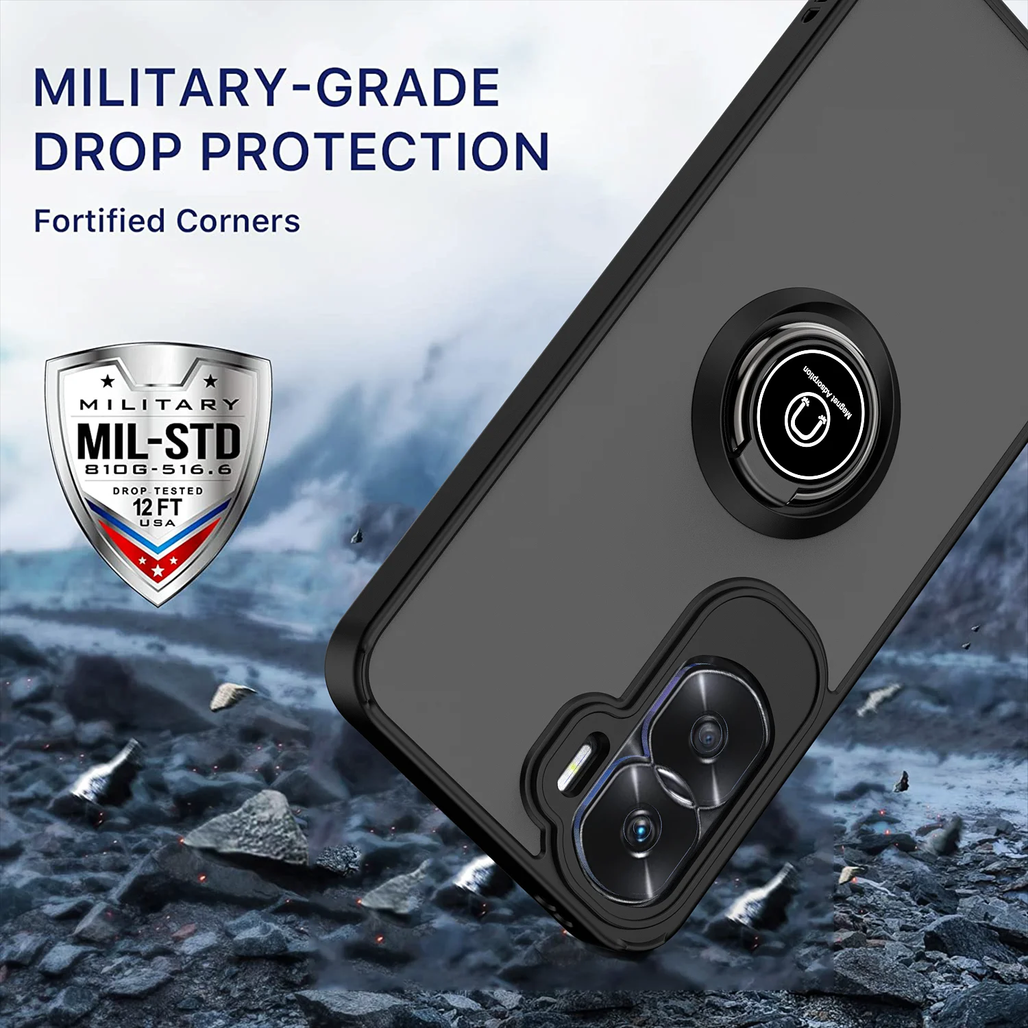 Enhanced Shockproof Armor Case with Matte Hard Back and Ring Stand Holder