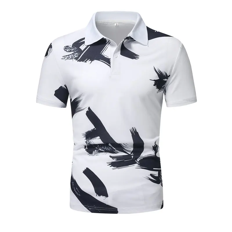 

Mens 3D Irregular Print Short Sleeve Polos Turn Down Collar Summer Shirts Tops White Casual Tees