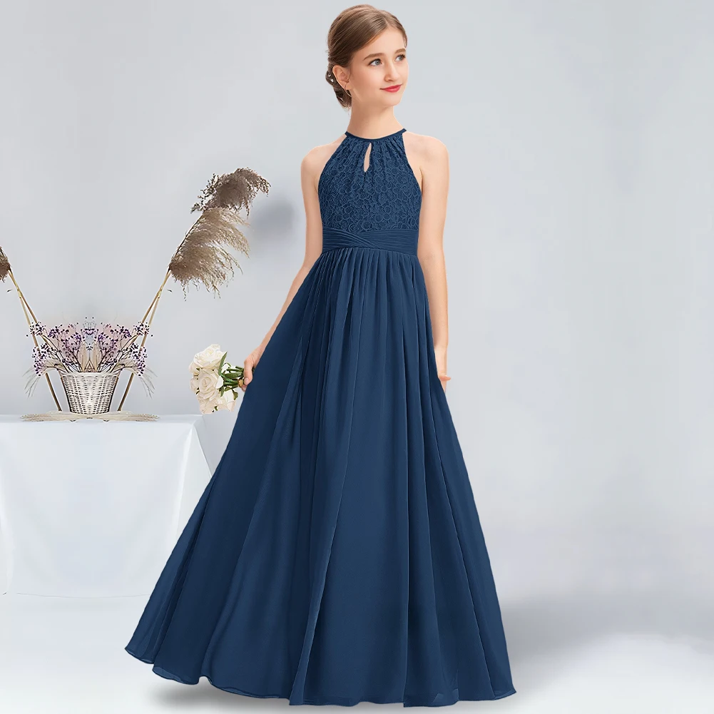 Bridesmaid Dress Flower Girl Dress A-line Halter Floor-Length Chiffon Lace For Wedding Party For Teens