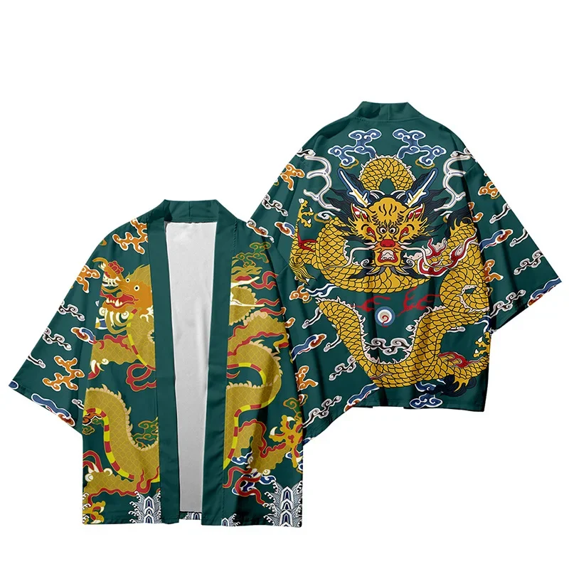 Yellow Cardigan Tops Women Men Cosplay Haori Asian Clothing Chinese Dragon Print Traditional Kimono Japanese Fashion Shirts