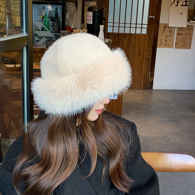 Women bucket hat Fluffy faux fur bucket hat for women warm winter hat