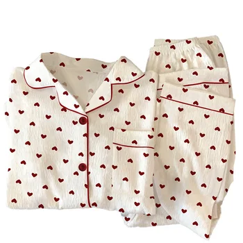 Spring and Autumn New Women's Pajamas Loungewear Set Girl Love Cardigan Pajamas Crinkled Fabric Loungewear Long Sleeve Set 5