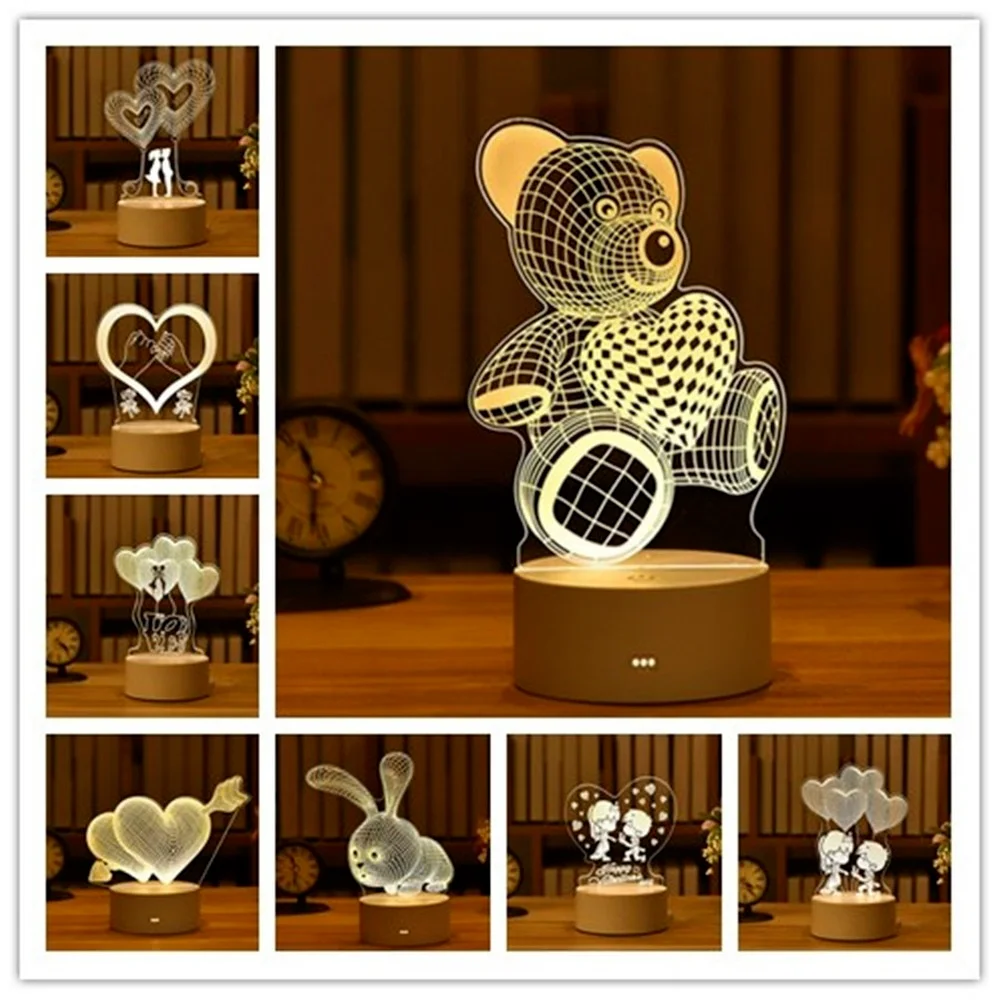 

3D Acrylic LED Night Light Romantic Love Heart/bear/rabbit Decorativ Room Table Lamp Wife/Children Birthday/Valentine's Day Gift