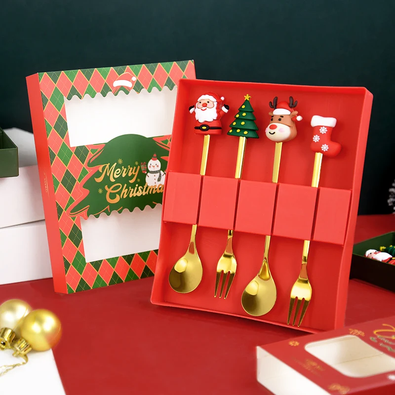 2/4/6pcs Christmas Glod Spoon Fork Set Stainless Steel With Gift Box Tableware Desser Fork Coffee Spoon Decor New Year Navidad