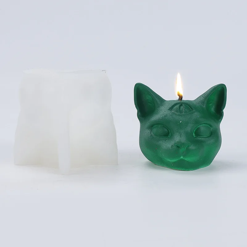 Three Eyes Cat Head Silicone Candle Mold 3D Animal Soap Plaster Resin Decorative Crafts Making Kit DIY Chocolate Ice Baking Mold
