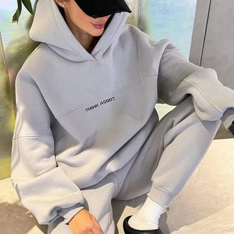 

2024 Autumn and Winter Women's Fashion Hooded Printed Sweater Sports Casual Set Letter Printed Loose Fit Sweater Set Ladies Top