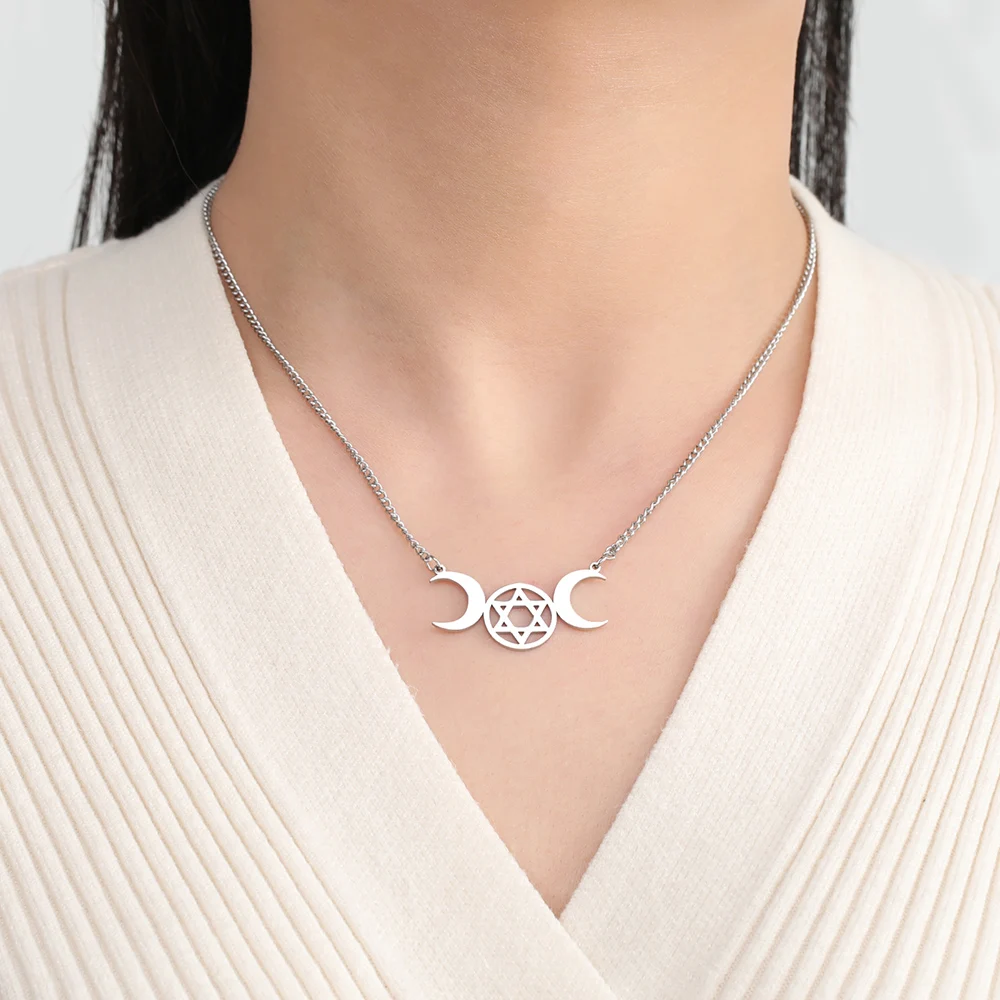 Dawapara Dreifachmond-Hexagramm-Halskette, jüdischer Davidstern, Mondphasen-Anhänger, Wicca-Göttin-Schmuck, Edelstahl – Detail 7