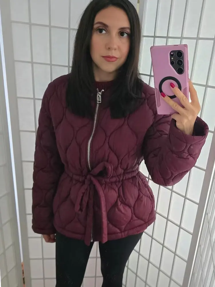 HH Women Casual Solid Quilted Zipper Coat Long Sleeve O Neck Belts Jacket For Woman Commuting Autumn Winter Warm Outwear