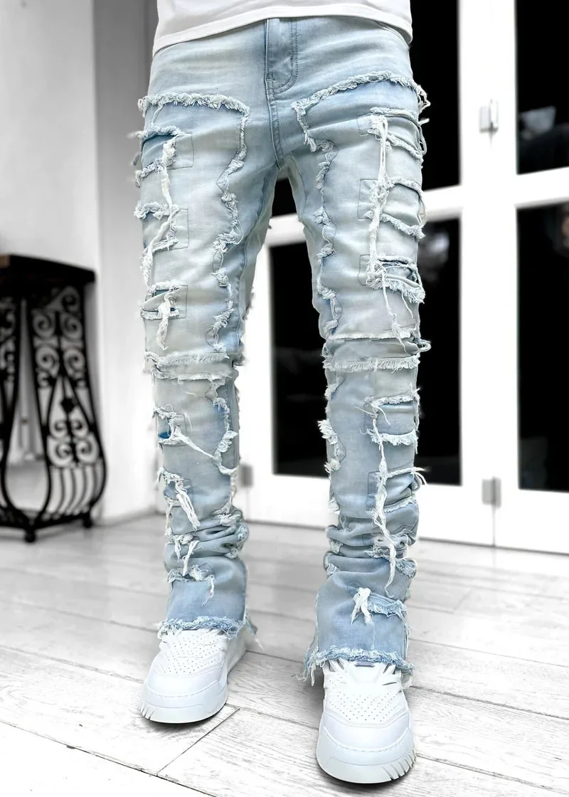 New Slim Fit Four Season Patchwork Cotton Elastic Embroidered Leather Label With Perforated Print Fashionable Men's Jeans