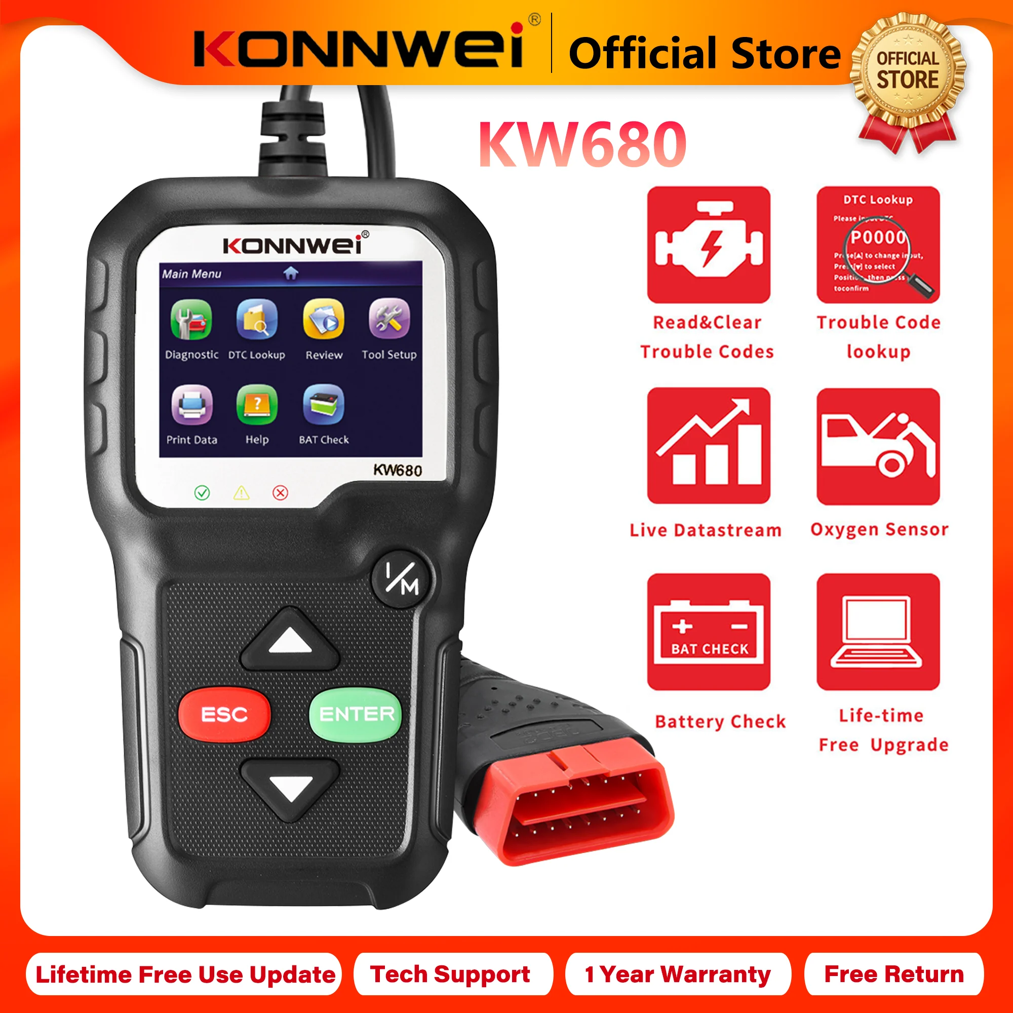 KONNWEI Car OBD2 Scanner KW680, Diagnostic Tool with Read Clear Codes DTC Lookup O2 Sensor Test and Live Data 2026