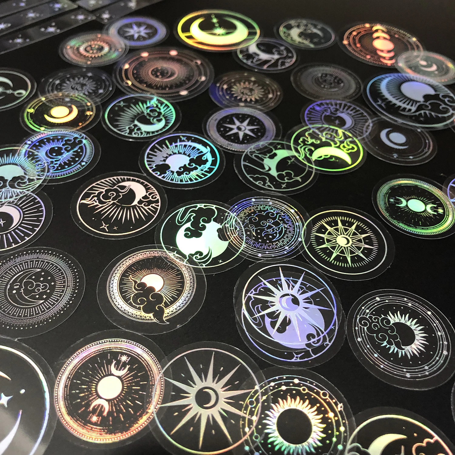 PET Adhesive Stickers Waterproof Transparent Laser Silver Stickers Label SUN MOON Stars etc 70 pcs