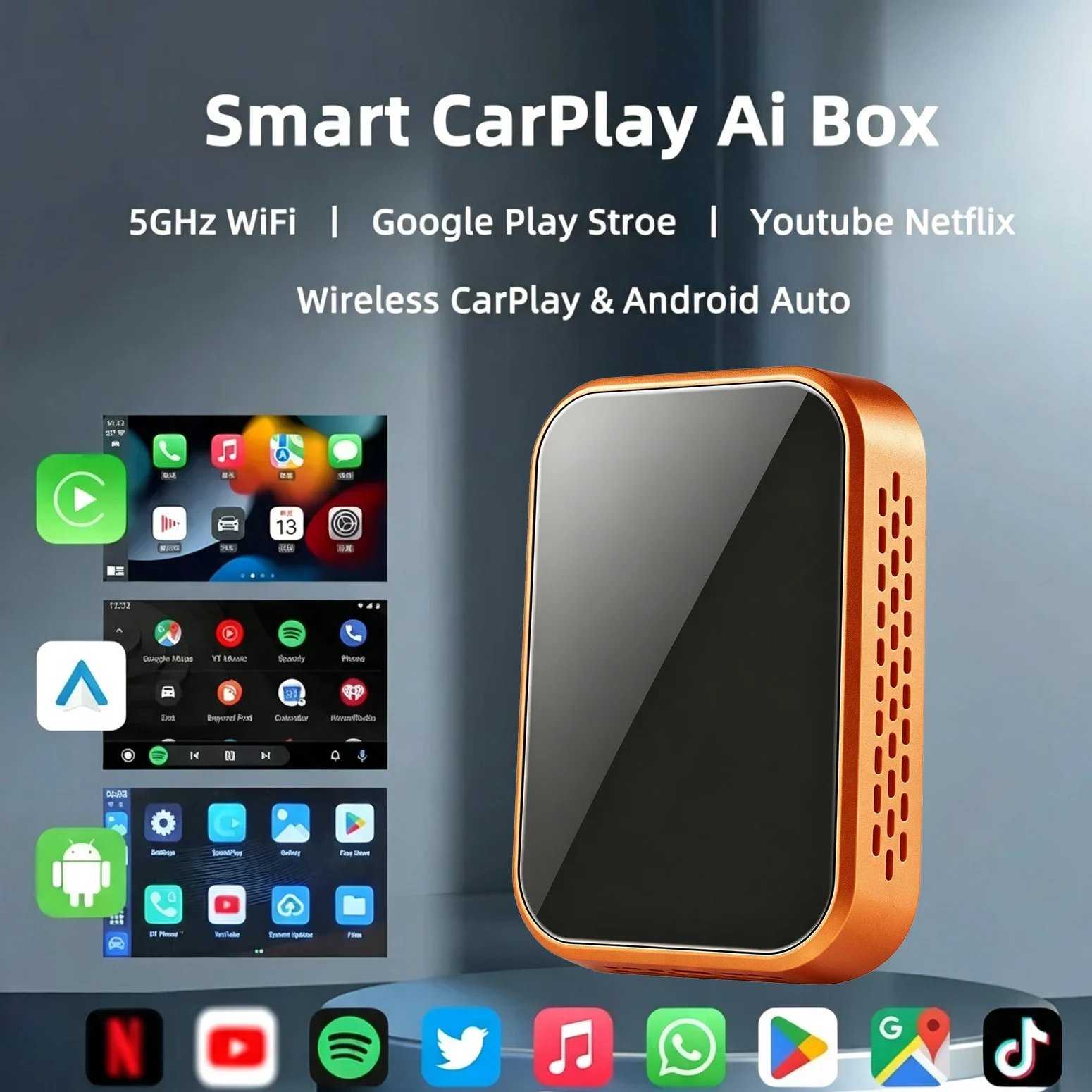 Nueva Actualización: Caja Android AI, Adaptador de Carplay y Android Auto de Conexión Cableada a Inalámbrica, WiFi para YouTube y Netflix, Inteligente para Auto con Play Store Integrado 1