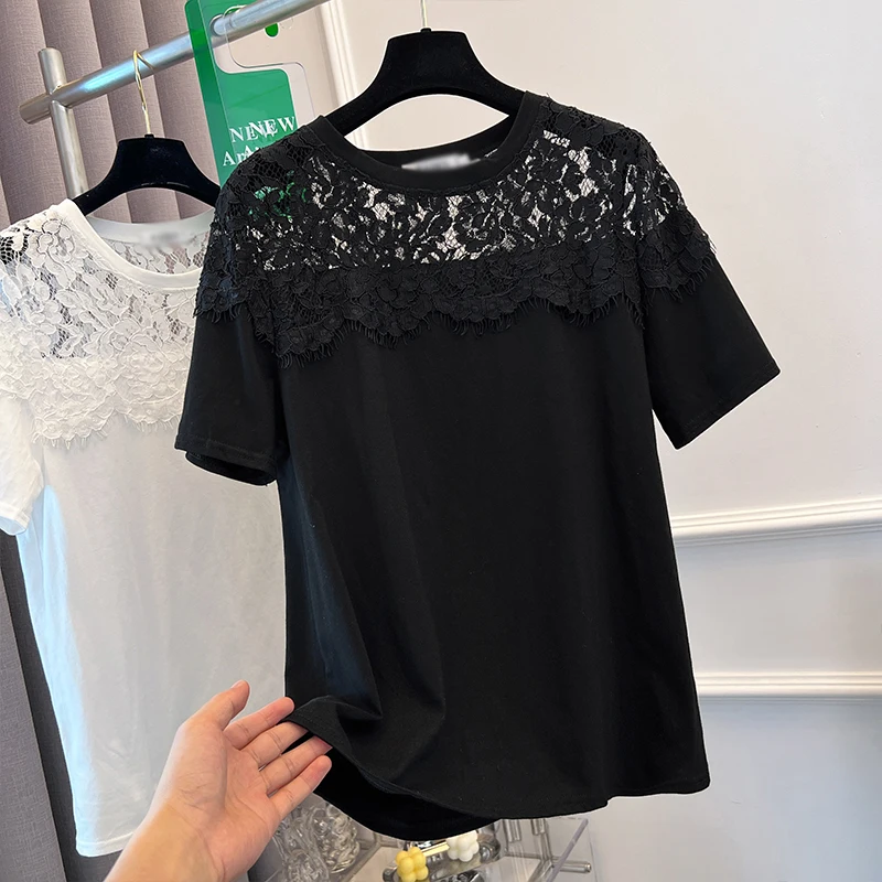 

Летняя винтажная кружевная трендовая женская футболка, повседневные Элегантные шикарные блузки большого размера, футболки, однотонная уличная одежда, топы, женская одежда