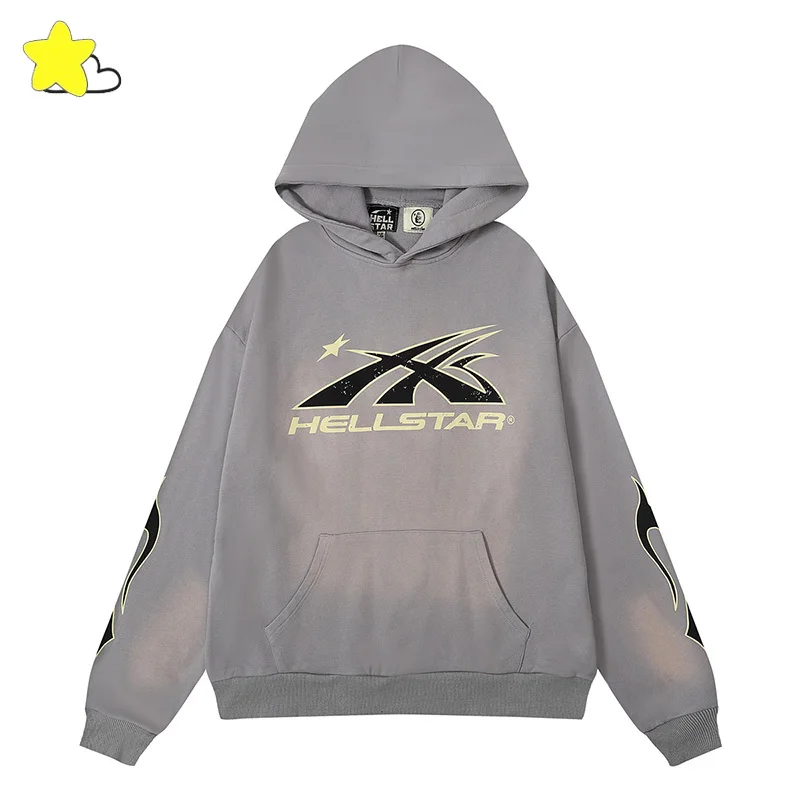

New Style Classic Logo Print Grey Blue Color Hellstar Hoodie Hooded Men Women Top Quality Cotton Oversized Pullovers Sweatshirts