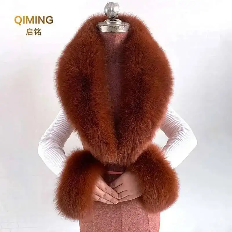 Real Fox Fur Collar Cuffs Set Fur Scarf Accessory for Women Men Winter Neck Warmer Furry Scarf Fluffy Pelt Fur Shawl Coat Overcoat Fashion