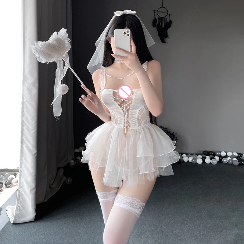 

White Sexy Lingerie for Women Bride Cosplay Sexy Lingerie Pornos Suit babydoll Sexy Porn Mesh Strap Hot Skirt+thong+bow Veil