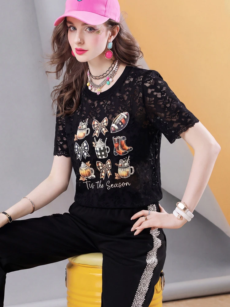 Women Black Lace Graphic Top Vintage Print Blouse Loose Fit Casual Streetwear Tee Shirt Fashion Summer Top 2