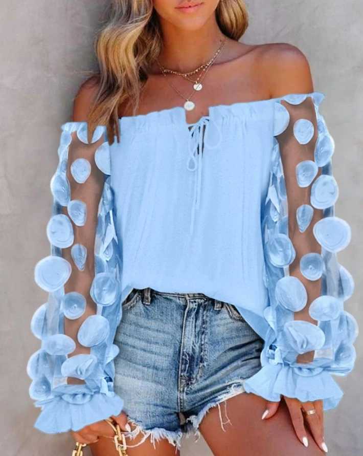 

sexy elegant blouses shirt Floral Pattern Sheer Mesh Patch Frill Hem Top new fashion 2024 summer casual T-shirt pullover tops