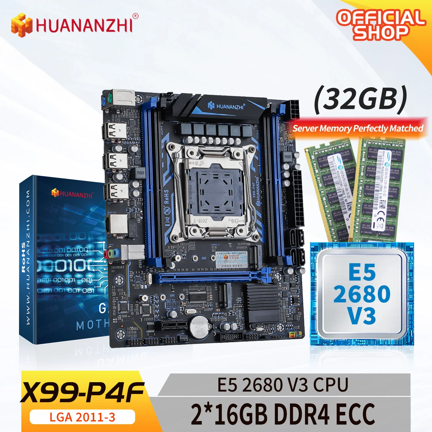 

HUANANZHI X99 P4F LGA 2011-3 XEON X99 материнская плата с Intel E5 2680 V3 с 2*16G DDR4 RECC память комбинированный комплект NVME