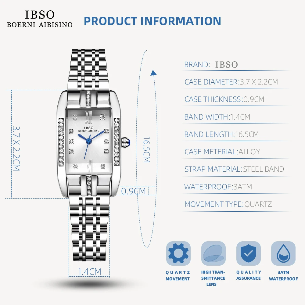 IBSO 9298 Rectangle New Women Quartz Watches Luxury Stainless Steel Strap 3ATM Waterproof Fashion Watch Ladies Full Zircon Dial
