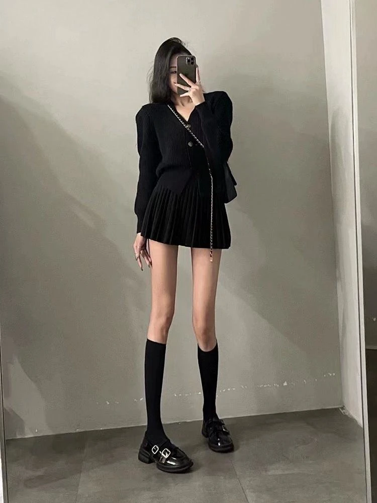 Casual Knitted 2 Piece Set Single Breasted V-neck Top + High Waist Mini Pleated Skirt Autumn Spring Korean Fashion Solid Outfits