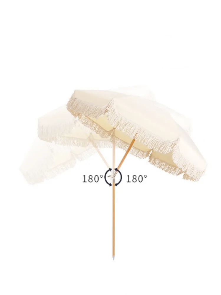 Beach umbrella Boho Beach Umbrella with Fringe UPF 50+ Patio Tassel Parasol Wood Pole Foldable Umbrella for Holiday Garden Lawn Pool Yard Table
