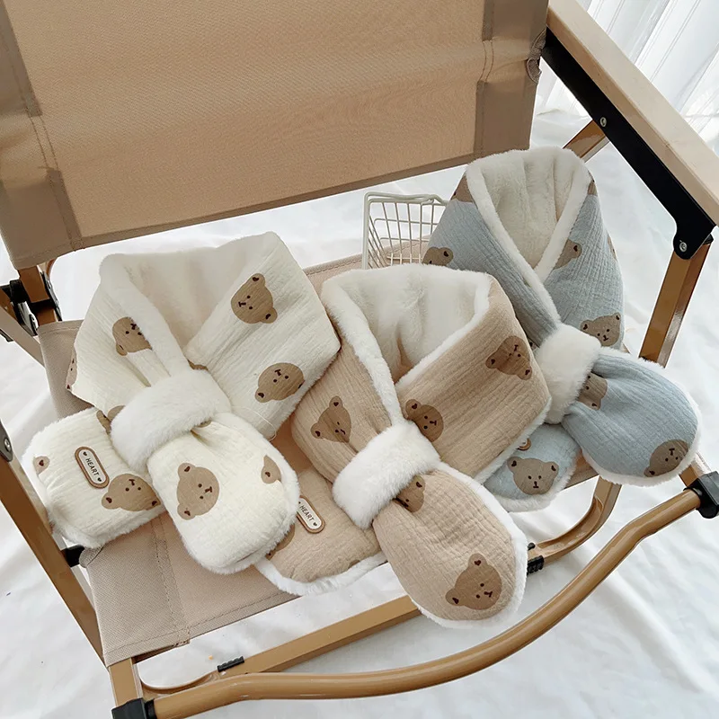 Winter Baby Cartoon Bear Scarfs Warm Fleece Kids Neck Warmer Cross Children Scarves for Girls Boys Baby Christmas Accessories