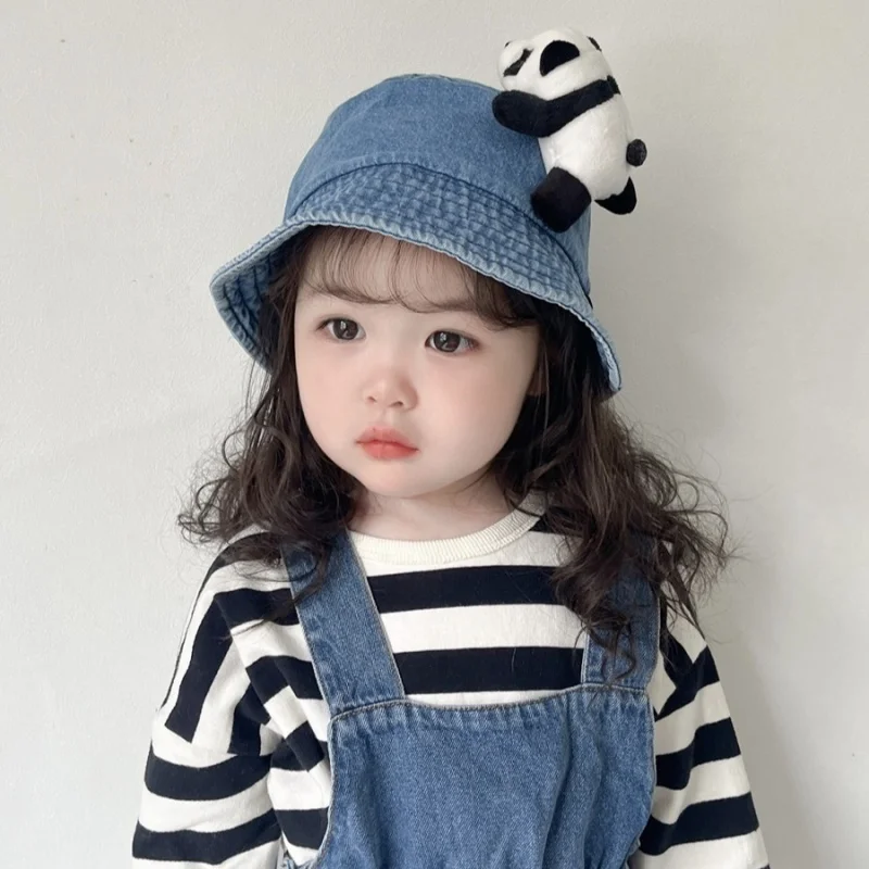 Denim Baby Bucket Hat 3D Panda Kids Sun Hat Outdoor Child Panama Cap Sun Prontction Toddler Hats Children Accessories 48/52cm 3
