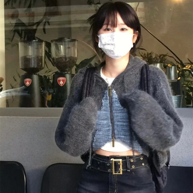 Y2K 크롭 니트 가디건 여성용 스타 프린트 후드 스웨터 재킷, 스트리트웨어 니트웨어 코트, 한국 점퍼 아우터 상의, 신상
