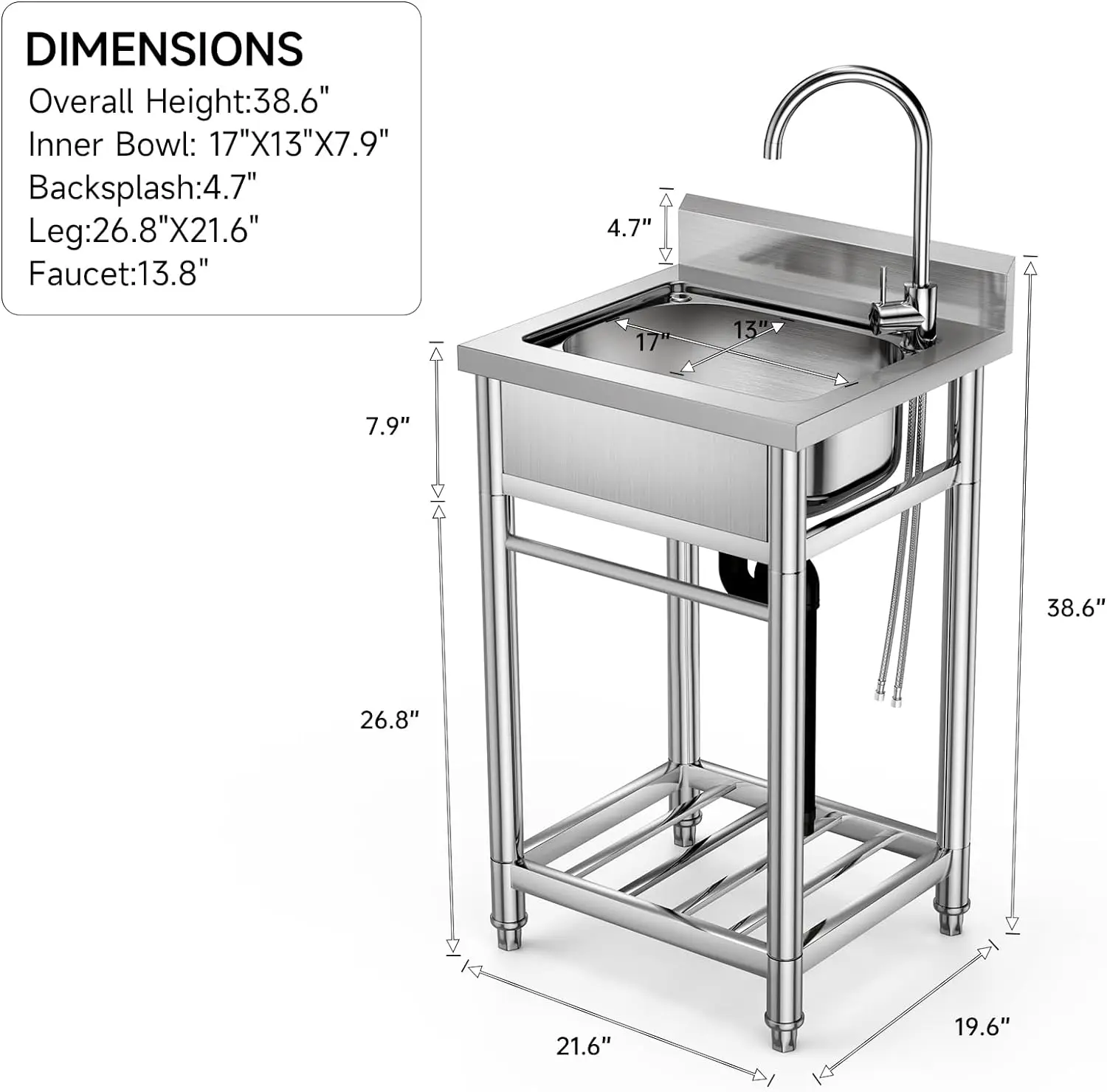 Utility Sink Stainless Steel Commercial Restaurant Kitchen Sink with Cold & Hot Water Pipe, Laundry Tub For Indoor Outdoor 6
