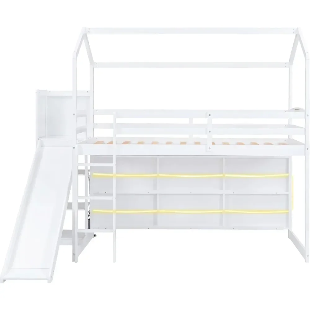 Bunk Beds Twin Size House Loft Bed with Slide, Storage Shelves and Light, Climbing Ramp, Low Loft Bed Frame, Bunk Beds for Kids 5