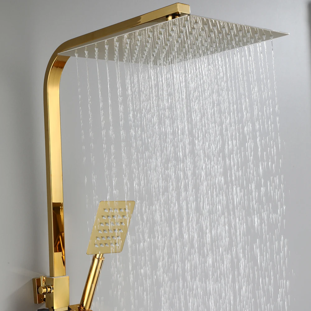 Long Spout Display Thermostatic Gold Shower Faucet Set Rainfall Bathtub Tap With Bathroom Shelf Water Flow Produces Electricity