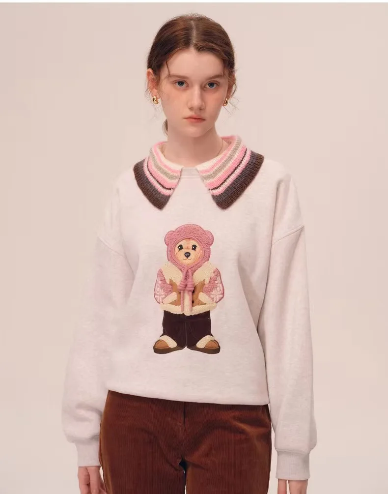 

Bear Embroidery Hoodie for Girls, Sweet Tops,Loose Casual Student Sweatshirts, Stitch, Goth, Y2 Clothing White Color