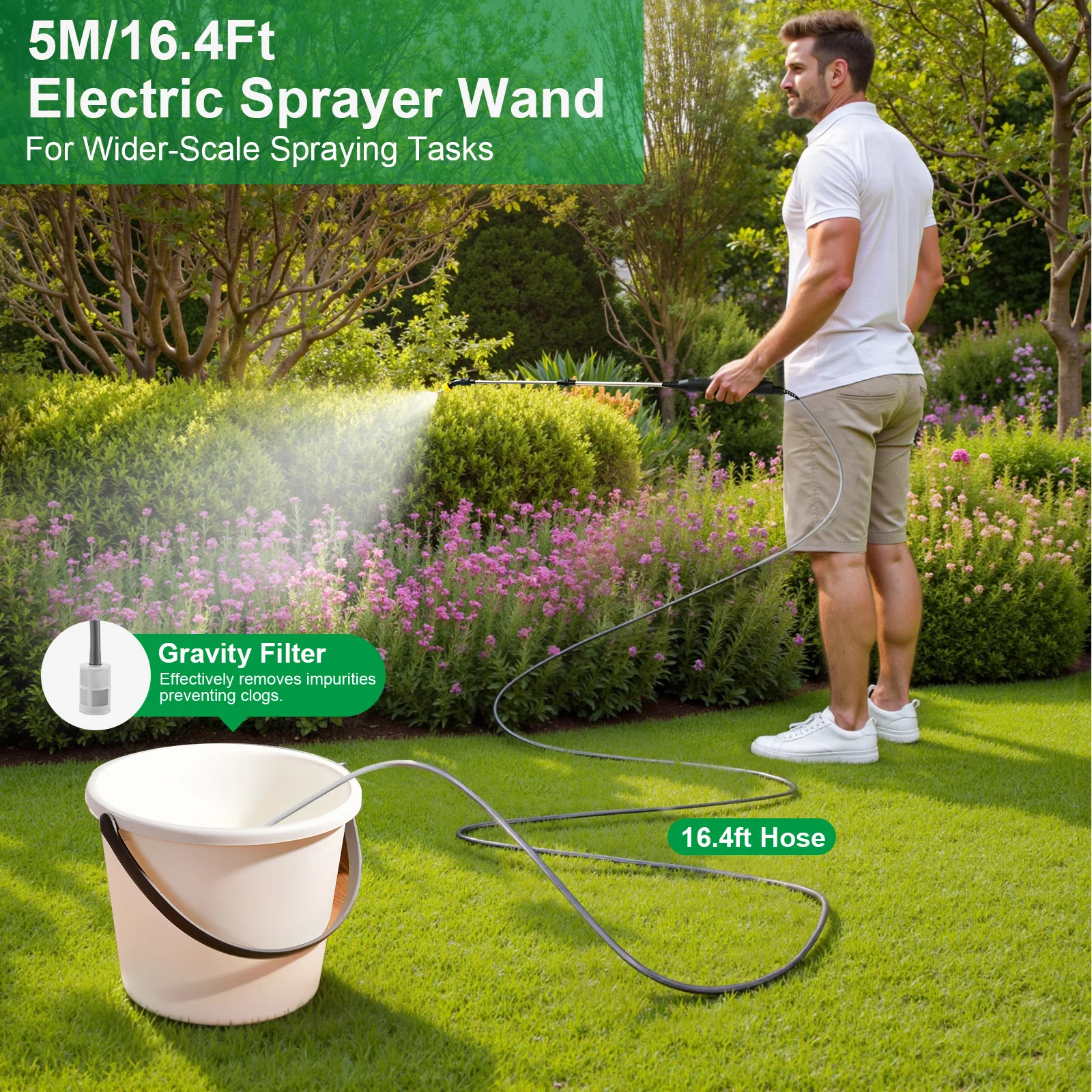 VAXMAY Battery Sprayer Wand 5M Electric Sprayer Telescopic Wand with Battery Indicator 16.4FT Hose Rechargeable Spray Wand 3