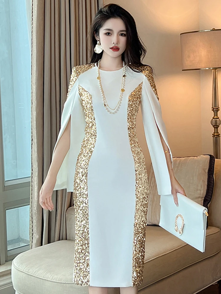 Fashion Shiny Gold Sequin Formal Occasion Dress Women Ladies Elegant Luxury  Chic O-Neck Slim Midi Gown Robe Mujer Vestido Fiesta - AliExpress