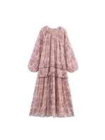 2025 Women Summer MIDI Dress Vintage Print Chiffon V-Neck Cascading Ruffle Long Sleeve Female Elegant Street Dresses Clothing - Image 2