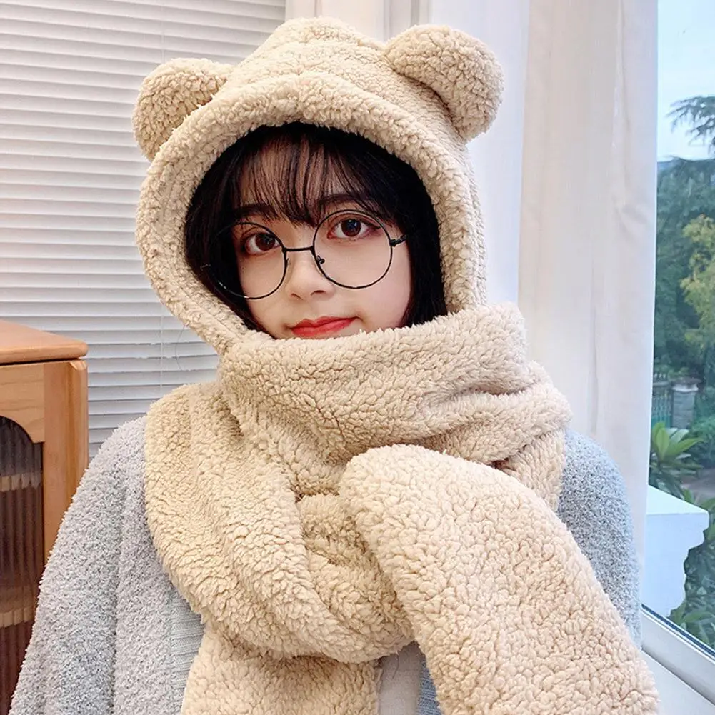 Cute Bear Ear Hat Fashion Winter Warm Comforts Polyester Thickened Plush Hoodie Hat Scarf Gloves Set Girl Kawaii Warm Casual