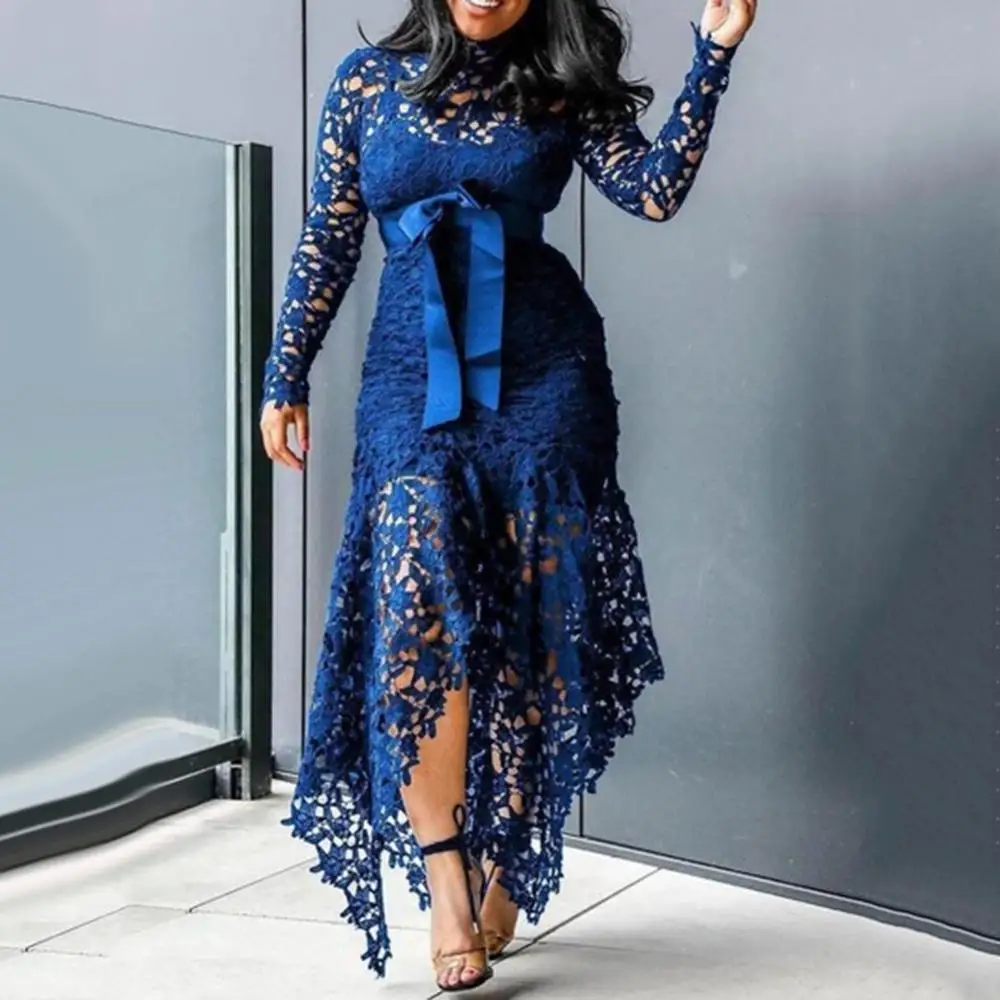 

Dress Women Long Dress Sexy Vintage Party Black Lace Plus Big Size Large M-XXXL 4XL Mesh Hollow Blue African Maxi For Lady Wear