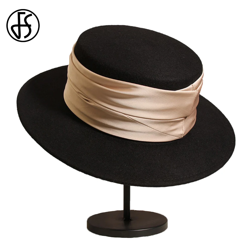 FS 2022 Wide Brim Party Jazz Hats For Women Wool Flat Top Cap Ladies