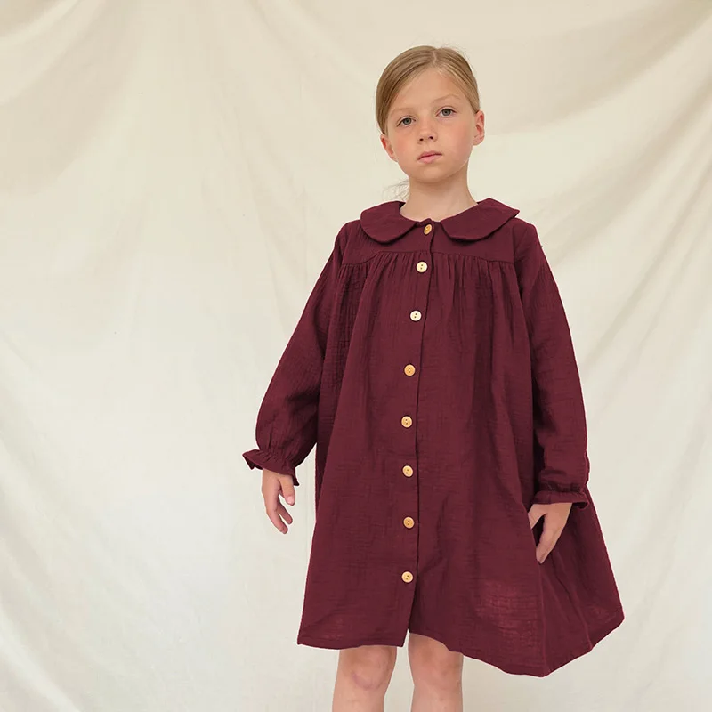 

Girls' Cotton and Linen Solid Color Spring Autumn Long Sleeve Dress Children's New Long Sleeve Jumpsuit Girls' Dress