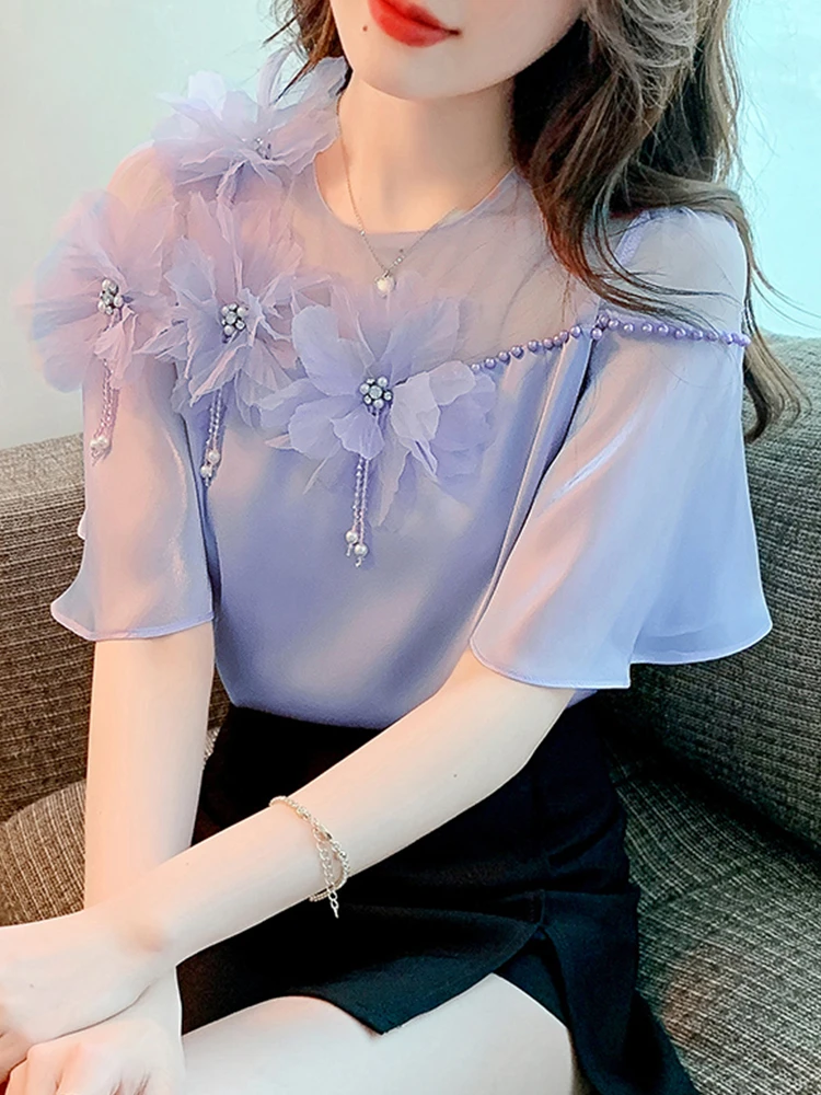 

H Han Queen Summer Blousess Embroidery Three-Dimensional Beading Design Blusas Vintage Simple Chiffon Blouse Women Casual Shirts