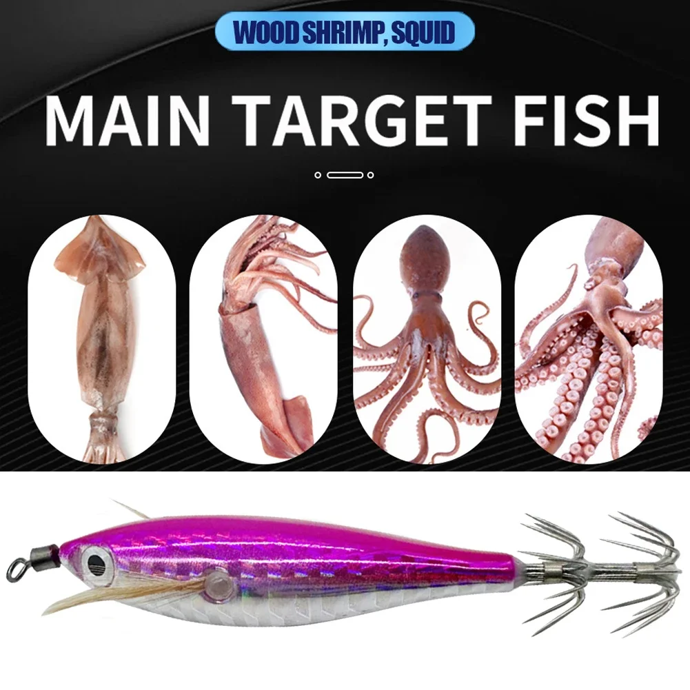 BRAVMACK Laser leuchtender Angelköder, schwimmende horizontale Holzgarnelen, Egi-Köder, Tintenfisch, Jigging, Garnelenhaken, Oktopus, Tintenfisch – Detail 3