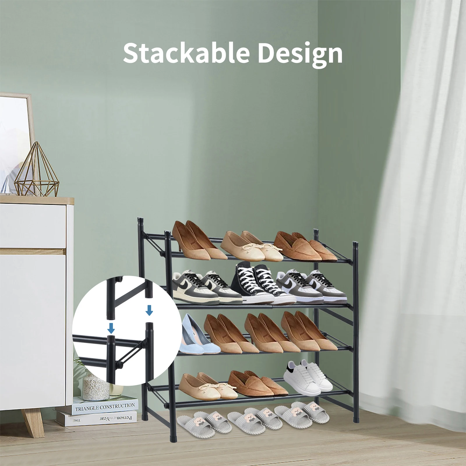 KEETDY 4-Tier Long Shoe Rack for Closet Floor, Wide Shoe Organizer Storage,  Stackable Shoe Rack for Entryway Metal Shoe Shelf - AliExpress