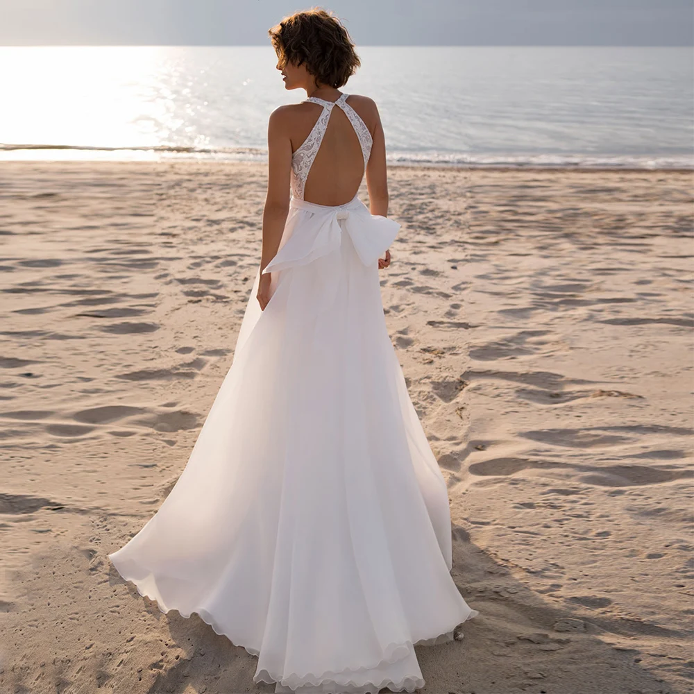 

Sexy Open Back White Wedding Dresses with Big Bow Sleeveless Bridal Gowns Lace Prom Dress 2022 New Spring Robe De Mariée Summer