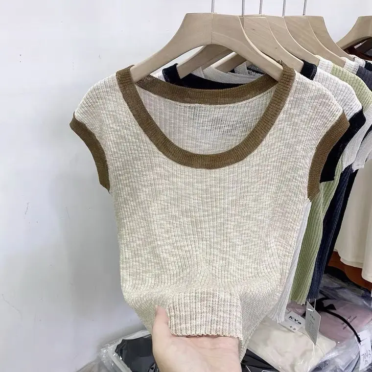 

2024 Summer Women New Korean Round Neck T Shirts Female Short-sleeved Ice Silk T-shirt Ladies Contrast Color Knit Tops H108
